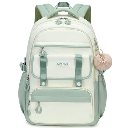 School Backpack for Girls, Laptop Backpack 15.6 Inch Kids Elementary Middle High School Bag Anti Theft Cute College Bookbags for Teens Girls Women Students Casual Travel Daypack,Green Beige - color: Green