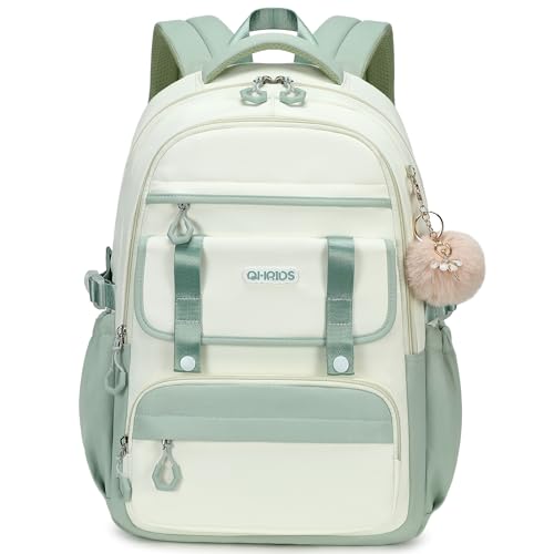 School Backpack for Girls, Laptop Backpack 15.6 Inch Kids Elementary Middle High School Bag Anti Theft Cute College Bookbags for Teens Girls Women Students Casual Travel Daypack,Green Beige - color: Green