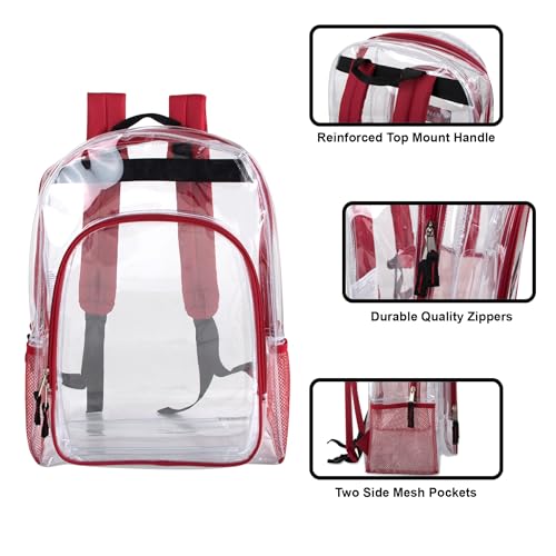 Heavy Duty Clear See Through Backpack | Transparent Clear Backpack Bags Stadium Approved for Women, Men, School, Travel - color: Red