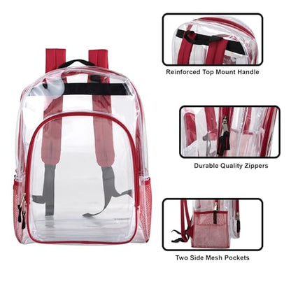 Heavy Duty Clear See Through Backpack | Transparent Clear Backpack Bags Stadium Approved for Women, Men, School, Travel - color: Red