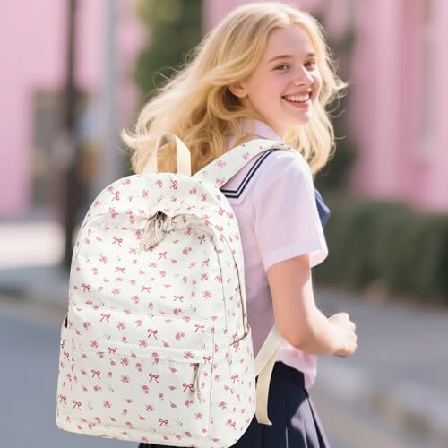 Bluboon School Backpack for Teen Girls Women Laptop Backpack College Bookbags Middle School Travel Work Commuter Back Pack - color: Beige Bow Tie