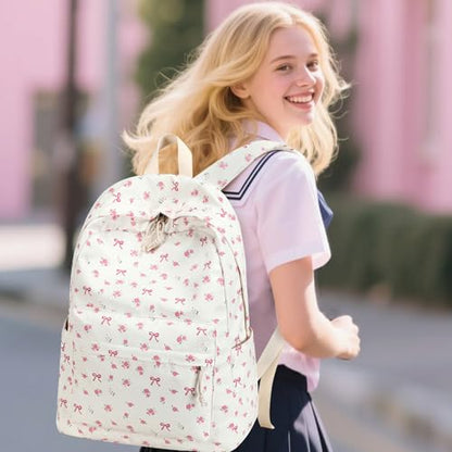 Bluboon School Backpack for Teen Girls Women Laptop Backpack College Bookbags Middle School Travel Work Commuter Back Pack - color: Beige Bow Tie