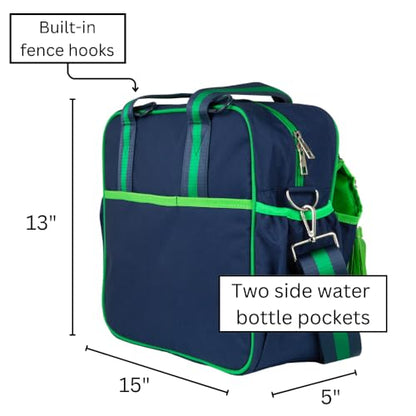 Cute Prepster Pickleball Bag for Women with Fence Hook, Tote with Pockets for Water Bottle, Paddles, Balls, Accessories - color: Navy/Green