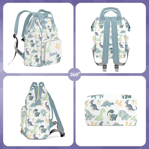 Dinosaur Personalized Name Nappy Bag Large Capacity Baby Diaper Bags, Color Green Monogram Daypack Custom Name Backpack Casual Daypack Bag Gifts for Nephew Son Grandson - color: Green Dinosaur 01