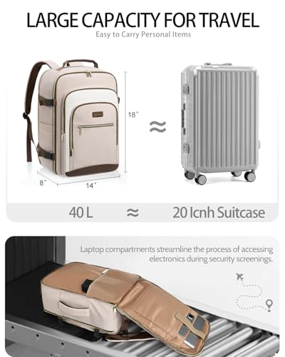 40L Travel Backpack for Women, Carry On Bag Flight Approved, Waterproof Backpack with 3 Packing Cubes, Weekender Personal Item Bag for Airplane Travel Essentials, TSA Approved - color: Blush-beige-dark Brown
