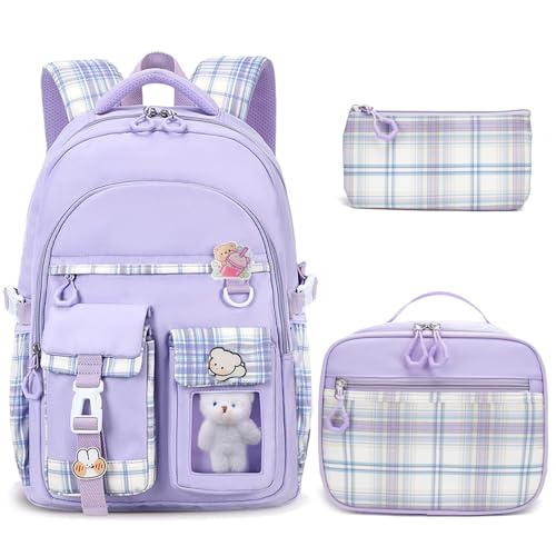 Girls Backpack with Lunch Box Cute School Backpack for Girls Kids Teens Kawaii Bookbag Set for Primary Elementary，Purple - color: Purple