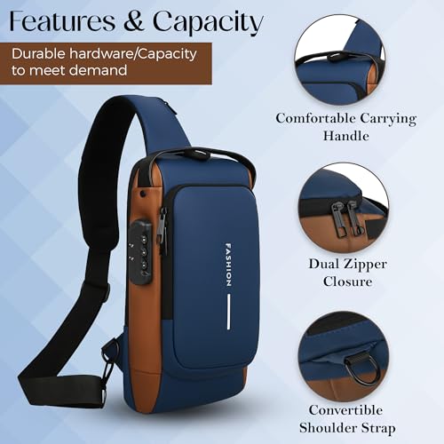 Unisex Anti-Theft Sling Bag with USB Port, Water-Resistant Crossbody Chest Backpack for Travel & Work - color: Blue & Golden
