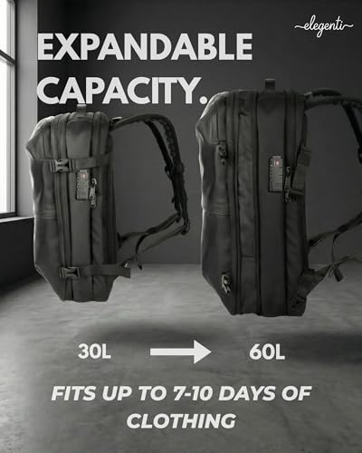 Expandable Vacuum Travel Backpack with Compression System & Pump | 60L Carry On Backpack with TSA Lock, Laptop Sleeve & Water Resistant Shell | Black