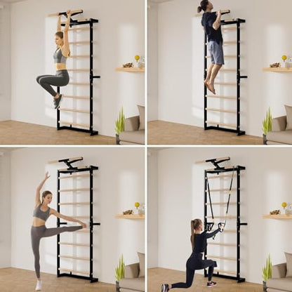 Swedish Ladder, Wood Stall Bars Suspension Trainer with Pull-Up Bar & Rings for Straps, Swedish ladders Wall Gym Adult, Wall-Mounted Workout Ladder