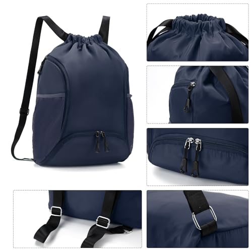 Valleycomfy Sports Gym Bag Drawstring Backpack with Shoes Basketball Bag and Two Water Bottle Holder,Dark Blue - color: Dark Blue