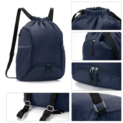 Valleycomfy Sports Gym Bag Drawstring Backpack with Shoes Basketball Bag and Two Water Bottle Holder,Dark Blue - color: Dark Blue