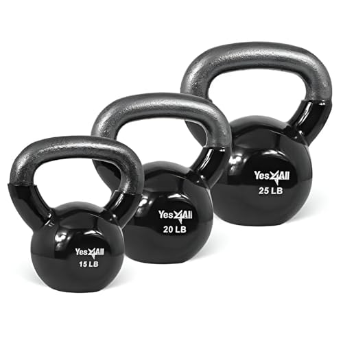 Yes4All Kettlebell, Vinyl Coated Kettlebell Cast Iron Sets with Stable Flat Bottom for Full Body Workout, Push up, Grip Strength Training & Weights Exercises - color: Black, style: 15 - 25lb
