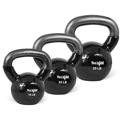 Yes4All Kettlebell, Vinyl Coated Kettlebell Cast Iron Sets with Stable Flat Bottom for Full Body Workout, Push up, Grip Strength Training & Weights Exercises - color: Black, style: 15 - 25lb