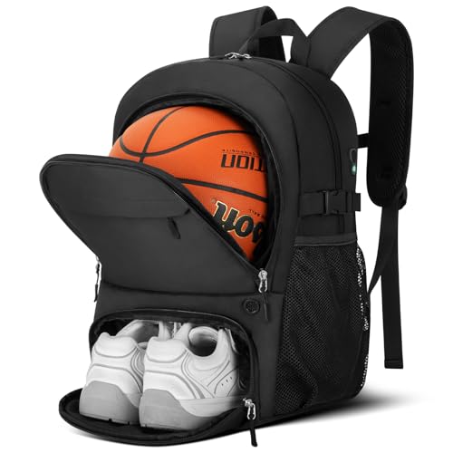 OCKLILY Basketball Backpack - Large Sports Equipment Bag with Ball Holder & Shoe Compartment, Sport Bags for Basketball, Soccer, Volleyball, Gym, School and Travel, 30L - color: Black