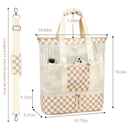 Bluboon Mesh Beach Tote Bag with Cooler Compartment Insulated Detachable Picnic Bag with Zipper and Pocket Pool Bag for Women - color: Black Floral Beige