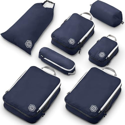 Large Compression Packing Cubes for Travel-Packing Cube Luggage Organizers 7 Piece Set for Checked Luggage-Ultralight, Expandable/Compression Bags by TRIPPED Travel Gear (Navy/White) - color: Navy/White