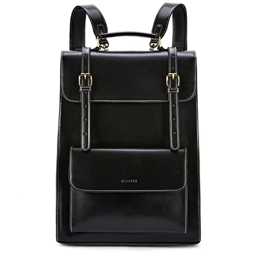 ECOSUSI Laptop Backpack for Women PU Leather Backpack Vintage for Laptop 15.6 inches Computer Bag College Bookbag - color: Black