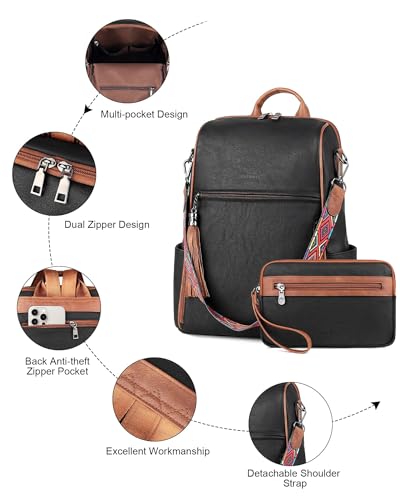 FADEON Leather Backpack Purse for Women Designer Travel Backpack Purses PU Fashion Ladies Shoulder Bag with Tassel - color: 2 Retro Black With Brown