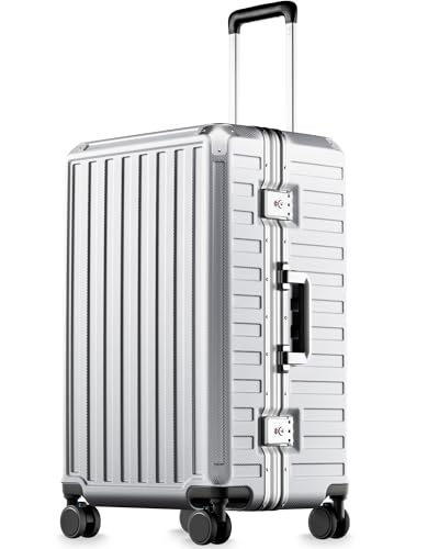 Checked Luggage with Spinner Wheels, 8010S Aluminum Frame Zipperless Polycarbonate Hard Shell Suitcase (ZX-Core, Silver, 24 Inch) - color: Silver Ivory, size: Trunk-medium 24-inch