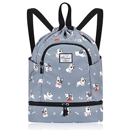 KAMO Drawstring Backpack Bag - Sport Swimming Yoga Backpack with Shoe Compartment, Two Water Bottle Holder for Men Women Large String Backpack Athletic Sackpack for Travel - color: Dog