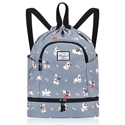 KAMO Drawstring Backpack Bag - Sport Swimming Yoga Backpack with Shoe Compartment, Two Water Bottle Holder for Men Women Large String Backpack Athletic Sackpack for Travel - color: Dog