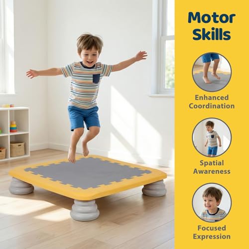 Mini Trampoline for Kids, Rebounder Bouncing Board with Non-Slip Base, Sensory Balance & Bounce Jumping Toy, Gift for 3-12 Boys & Girls Max Load 200 lbs - color: Yellow