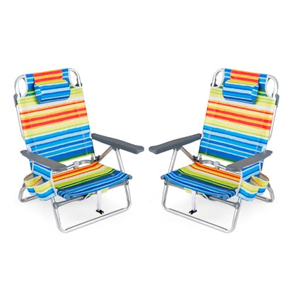 COSTWAY Portable Folding Backpack Beach Chairs Set of 2 with 5-Position Backrest, Padded Headrest, Cup Holder & Ice Bag for Lawn, Poolside (Rainbow Stripe) - color: Rainbow Stripe