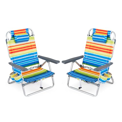 COSTWAY Portable Folding Backpack Beach Chairs Set of 2 with 5-Position Backrest, Padded Headrest, Cup Holder & Ice Bag for Lawn, Poolside (Rainbow Stripe) - color: Rainbow Stripe