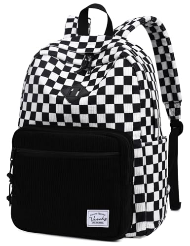 VASCHY Corduroy Backpack for School, Lightweight School Bag for Elementary, Middle & High School, Teen Bookbag, Casual Travel Daypack Black White Checkered - color: Black White Plaid