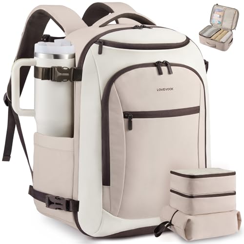 LOVEVOOK 40L Travel Backpack for Women & Men,Airline Approved Carry On Backpack with 3 Packing Cubes,TSA Waterproof Personal Item Bag,Weekender Overnight Essentials Backpacks fits 18" Laptop - color: Brown/Light Pink, size: 40L-4PCS