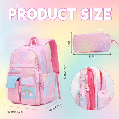 School Backpack for Girls Rainbow Cute Kids Backpack for Back to School Laptop Travel Bag With pencil Case (Pink set) - color: Pink Set