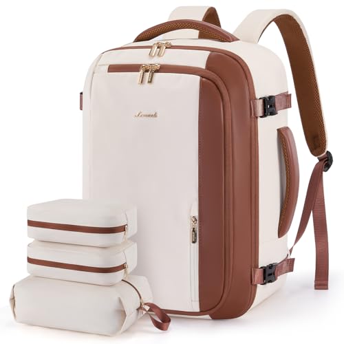 LOVEVOOK 40L Travel Backpack for Women,Carry on Luggage Backpack Flight Approved with 3 Packing Cubes,Waterproof Personal Item Travel Bag fits 17 Inch Laptop,Overnight Weekender Business Daypack - color: Beige White-brown, size: 17.3 Inch