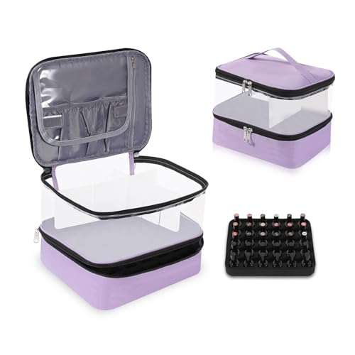 Clear Nail Polish Organizer Double layer Nail Polish Holds 30 Bottles and Nail Lamp, Nail Dryer Case Storage Supplies with Adjustable Dividers, Portable Nail Carrying Bag for Nail Tech (Purple) - color: 6.Purple