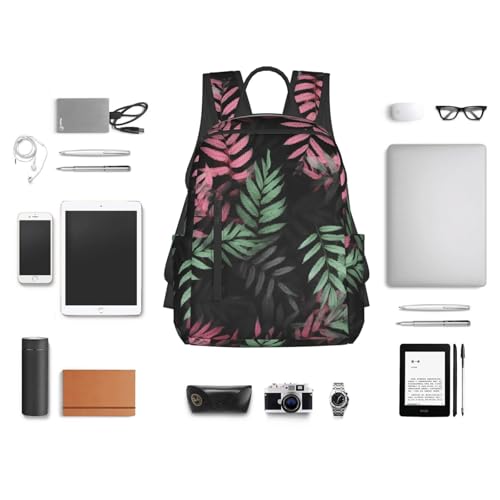 Black pink green leaves Travel Backpack for Men & Women 14 inch Laptop Backpack Waterproof Work Back Pack - color: Black Pink Green Leaves