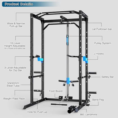 ULTRA FUEGO Power Cage, Multi-Functional Power Rack with J-Hooks, Dip Handles, Landmine Attachment and Optional Cable Pulley System for Home Gym - size: Power Cage with Pulley System