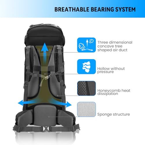 Bseash 80L Waterproof Hiking Camping Backpack with Rain Cover, Lightweight Outdoor Sport Travel Daypack for Climbing Touring (Black) - color: Black