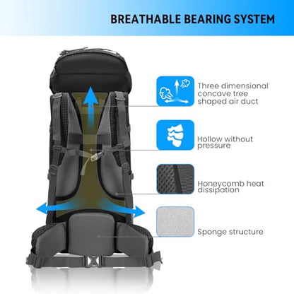 Bseash 80L Waterproof Hiking Camping Backpack with Rain Cover, Lightweight Outdoor Sport Travel Daypack for Climbing Touring (Black) - color: Black