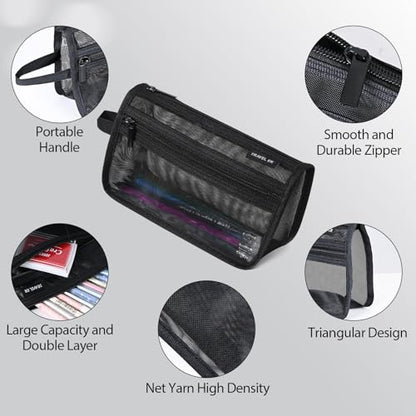 2-Pack Clear Mesh Pencil Case Pouch with Handle (Black) | Inside are visible, Single & double Layer combination, Various uses, Light weight, Robust quality
