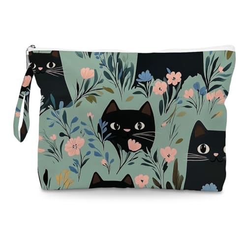 Fokongna Black Cat Print Wet Bag, Small Portable Waterproof Multi-Functional Organizer for Women，Green Floral Black Cat Pattern，Ideal for Daily, Beach & Travel - color: Green Floral Black Cat Pattern