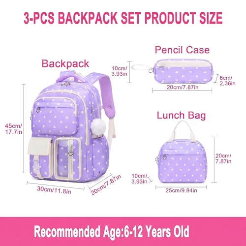 3PCS Kids Backpack Set, School Backpack with Lunch Bag & Pencil Case, Lightweight Waterproof Bookbag for Kids (Purple Heart) - color: Purple Heart