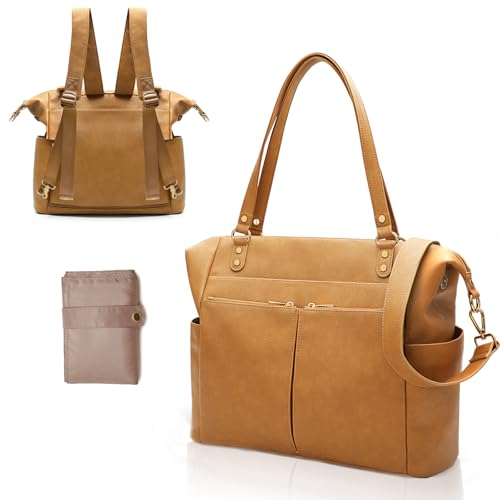 MOMINSIDE Diaper Bag Tote, Leather Diaper Bag Backpack with 13 Pockets for Mom Dad, Convertible Baby Bag for Boys Girls, Hospital Bag Baby Registry, Changing Pad, Large 4 Insulated Pockets (Biscuit) - color: Biscuit