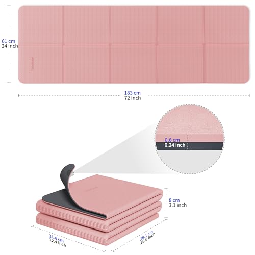 Readaeer Foldable Yoga Mat for Travel Folding Yoga Mat 6mm Thick with Carrying Bag, Non-Slip TPE Exercise Pilates Mat for 72" L x 24" W x 0.24 Inch - color: Pink