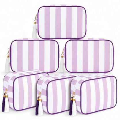 Kacctyen 6 Pack Lavender Purple and White Striped Makeup Bag bulk with Tassel Travel Cosmetic Pouch Organizer Large Zipper Toiletry Case for Women Aesthetic Storage Pouch Mahjong Tile Bag - color: Lavender Purple and White