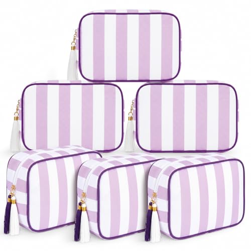 Kacctyen 6 Pack Lavender Purple and White Striped Makeup Bag bulk with Tassel Travel Cosmetic Pouch Organizer Large Zipper Toiletry Case for Women Aesthetic Storage Pouch Mahjong Tile Bag - color: Lavender Purple and White