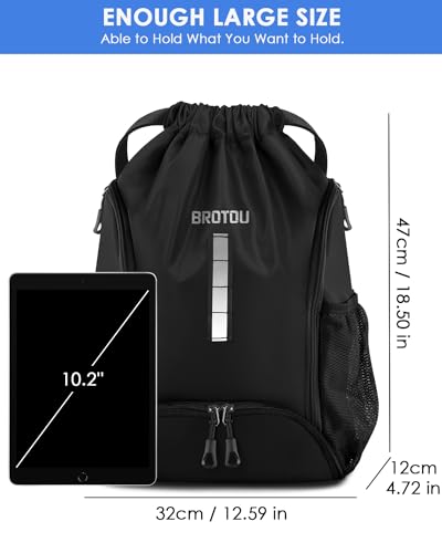 BROTOU Soccer Drawstring Backpack, Basketball Bag, Volleyball Football Bags with Ball and Shoe Compartment - color: Black