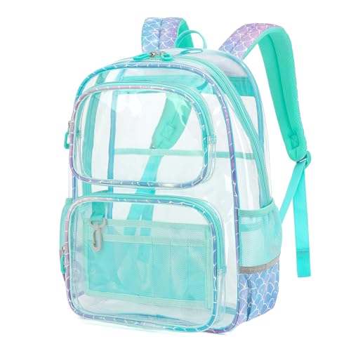 Sisipoet Clear Backpack for Girls, Heavy Duty PVC Transparent Bookbag for School, Funny Kids Backpacks with Mermaid Print, Blue - color: Mermaid