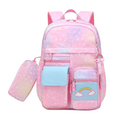 School Backpack for Girls Rainbow Cute Kids Backpack for Back to School Laptop Travel Bag With pencil Case (Pink set) - color: Pink Set