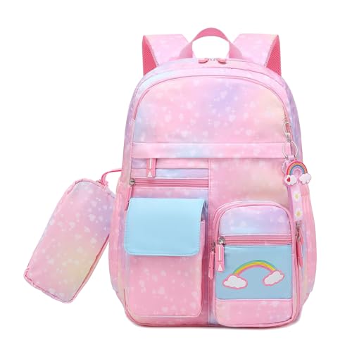 School Backpack for Girls Rainbow Cute Kids Backpack for Back to School Laptop Travel Bag With pencil Case (Pink set) - color: Pink Set