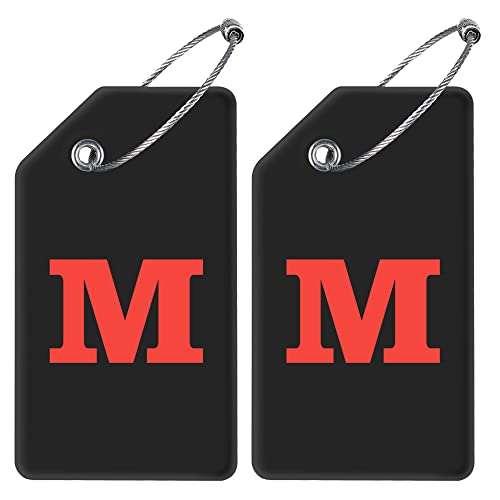 Gostwo 2 Pack Silicone Luggage Tags for Suitcases, 26 Initial Letter Baggage Labels Handbag School Bag Suitcase Instrument Tag with Stainless Steel Loop(Black)(Letter M) - color: Black, size: M
