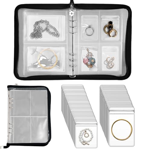Travel Jewelry Organizer Transparent Jewelry Storage Book Set with Anti-oxidation Pocket Traveling Necklace Earring Organizer for Ring, Bracelets, Postcard (120 Grids +75 Thicken PVC Zipper Bags) - color: Black - Complete Set (120 Grids + 75 Zipper Bags)